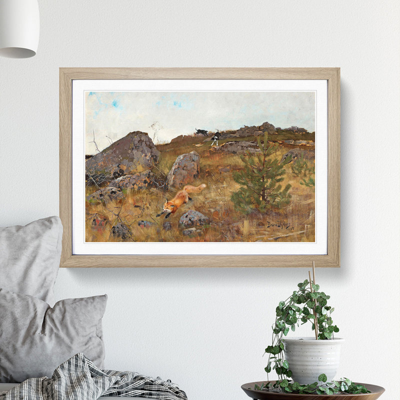 Fox and Hunting Dogs Vol.2 by Bruno Liljefors - Picture Frame Painting, Oak Framed, 27cm H x 36cm W x 2cm D