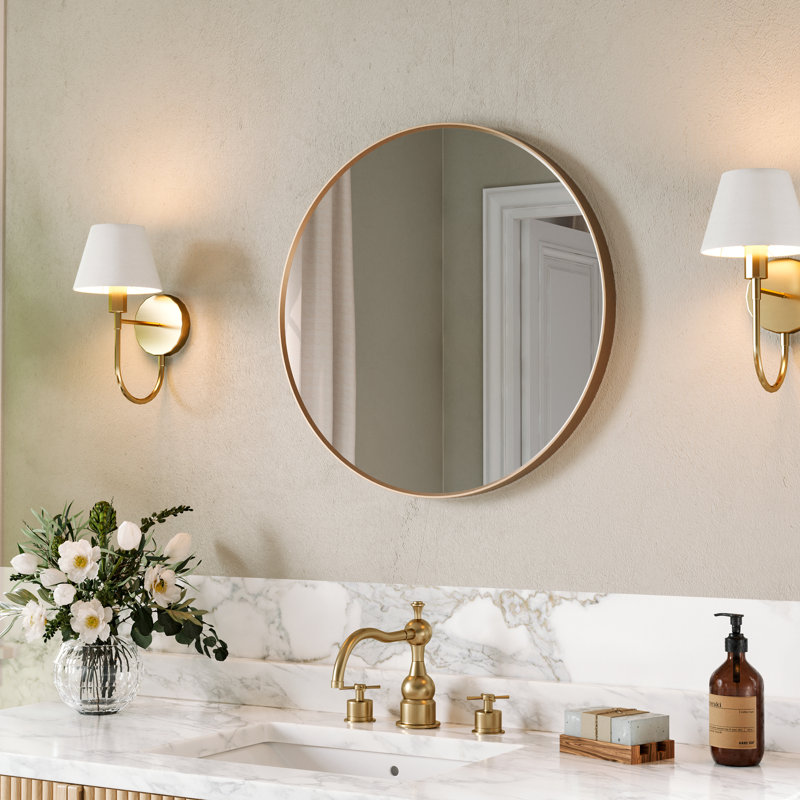 Miroir mural rond en aluminium avec cadre horizontal ou vertical pour salle de bain, chambre à coucher, entrée, Doré
