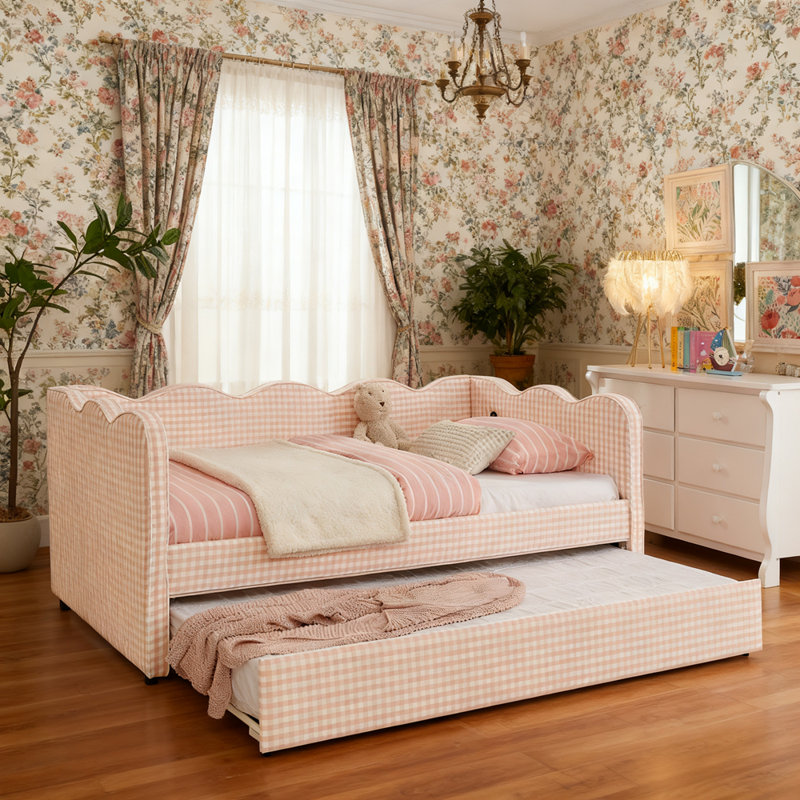 Twin Daybed with Trundle & USB Port - Wave Shaped Gingham No Box Spring Needed, Pink