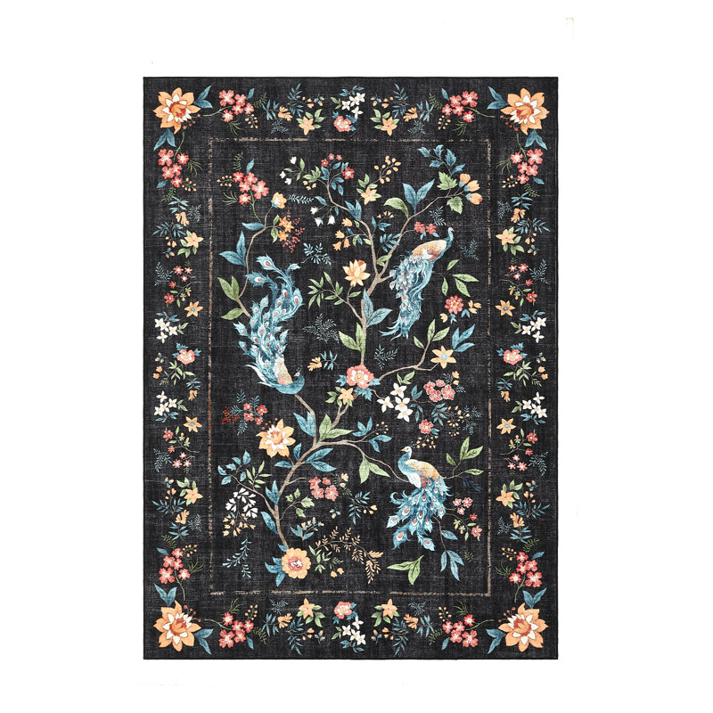 Washable Rugs for Bedroom Ultra-Soft Floral Peacock Floor Mats, Stain-Resistant Farmhouse Indoor Carpet with Non-Slip Backing, Foldable Thin Accent Rug for Living Room, Nursery
