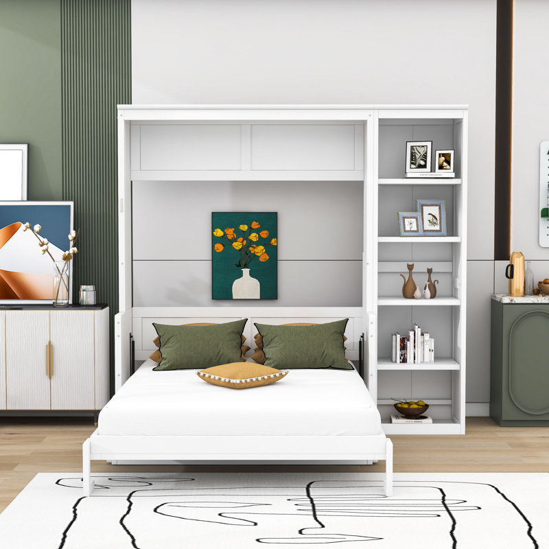 Lit escamotable en bois avec tablettes de rangement et bureau, Double, Blanc