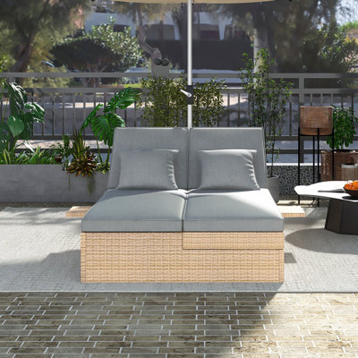 Outdoor Double Sunbed |Wicker Rattan Patio Reclining Chairs |Adjustable Backrest And Seat|Practical Cup Tray On Both Sides|Conversational Set For 2 Person