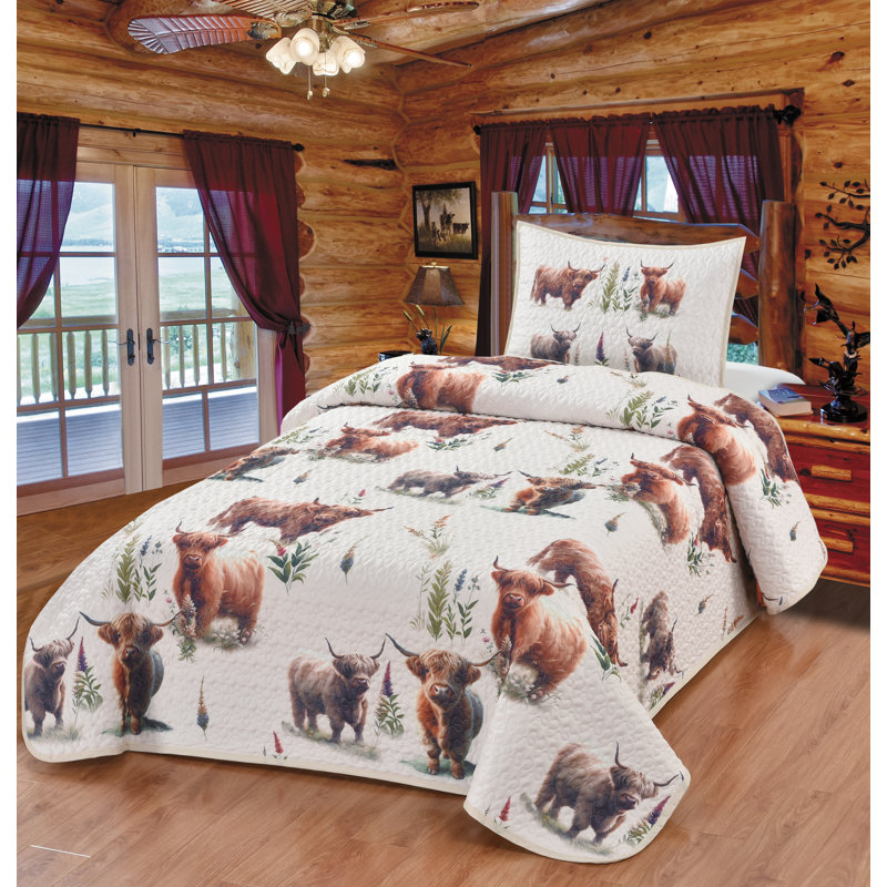 Blooms and Horns Happy Highland Cow Rustic Ranch Farmhouse Decorative Quilt Bedding Set, Twin Quilt + 1 Standard Sham