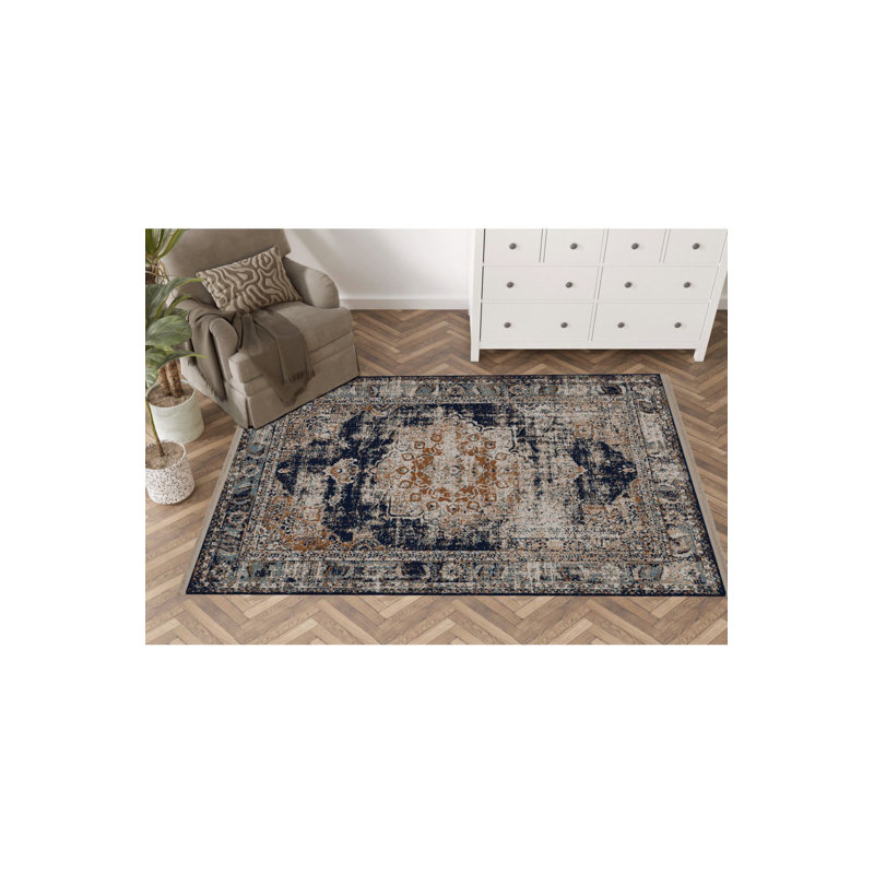 Tapis décoratif bleu marine à motif traditionnel motif lavable à la machine