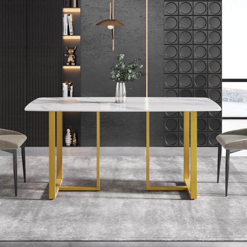 Table de salle à manger Evannie, Doré, Blanc neigeux, H 29,53 po x L 63 po x l 31,5 po