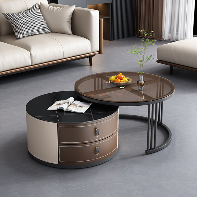 Ensemble de tables basses Modern, H 17,7 po x L 31,5 po x l 31,5 po, Noir / transparent / brun clair