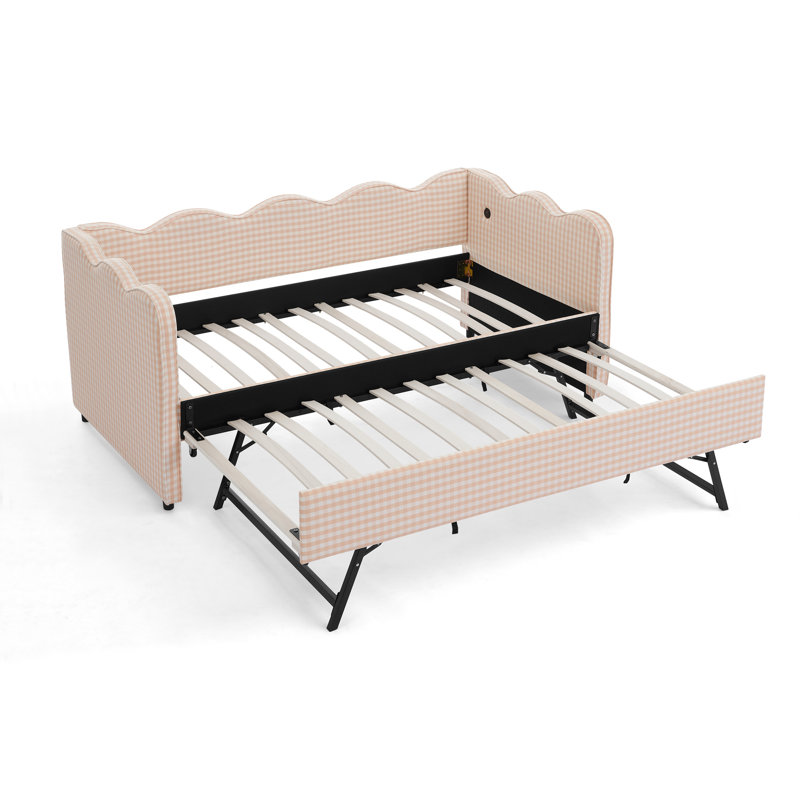 Cozy Gingham Daybed With Trundle  Sofa Bed No Box Spring Needed, Pink