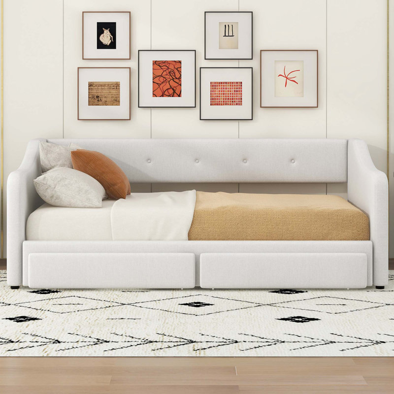 Twin XL to King Size Upholstered Daybed with Two Drawers, Beige
