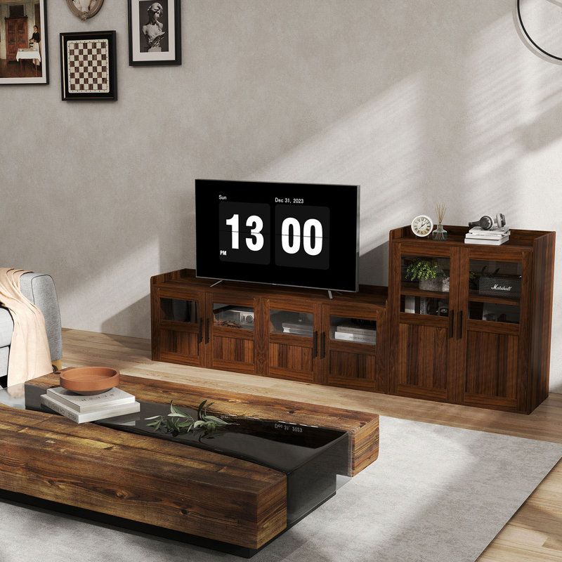 Meuble télé 62,9 po Parthenia avec 4 portes en verre et beaucoup de rangement