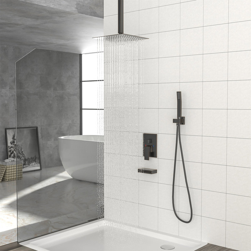 Système de douche avec bec de baignoire en cascade, système de douche carré à fixation au plafond de 12 pouces avec valve brute