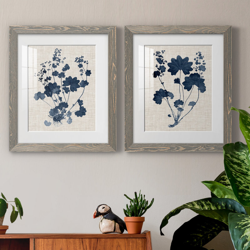 Bleu marine et feuilles de lin II - ensemble de 2 reproductions d'art sur papier encadré, H 20 po x l 17 po, Gris