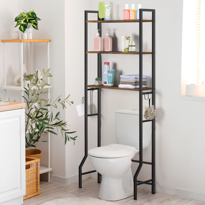Rustic Brown Over-The-Toilet Storage Shelf with Hooks, Black