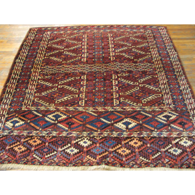 Small Square Antique Tribal Pattern Turkmen Engsi Hand Knotted Wool Rug