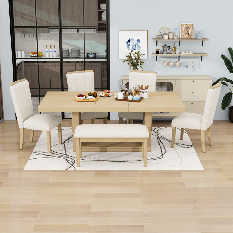 Ensemble de table de salle à manger extensible 6 pièces avec rallonge amovible, chaises rembourrées et banc
