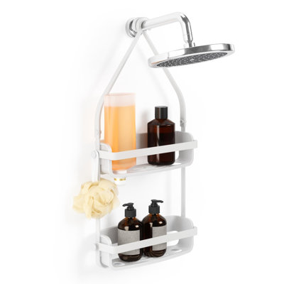 Serviteur de douche Flex avec 2 tablettes, tablette de baignoire et organisateur de salle de bain (blanc)