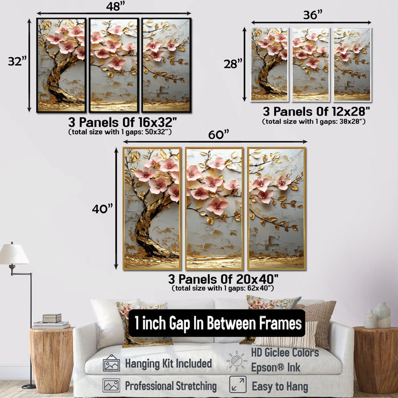 Arbre de fleurs de cerisier roses et dorées au bord du lac III - Ensemble de décorations murales fleurs de cerisier
