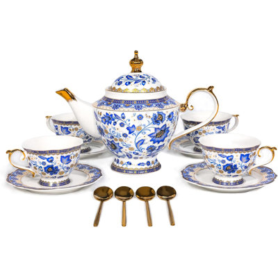 Bone China Tea Set for Adults, Blue and White Tea Set for 4