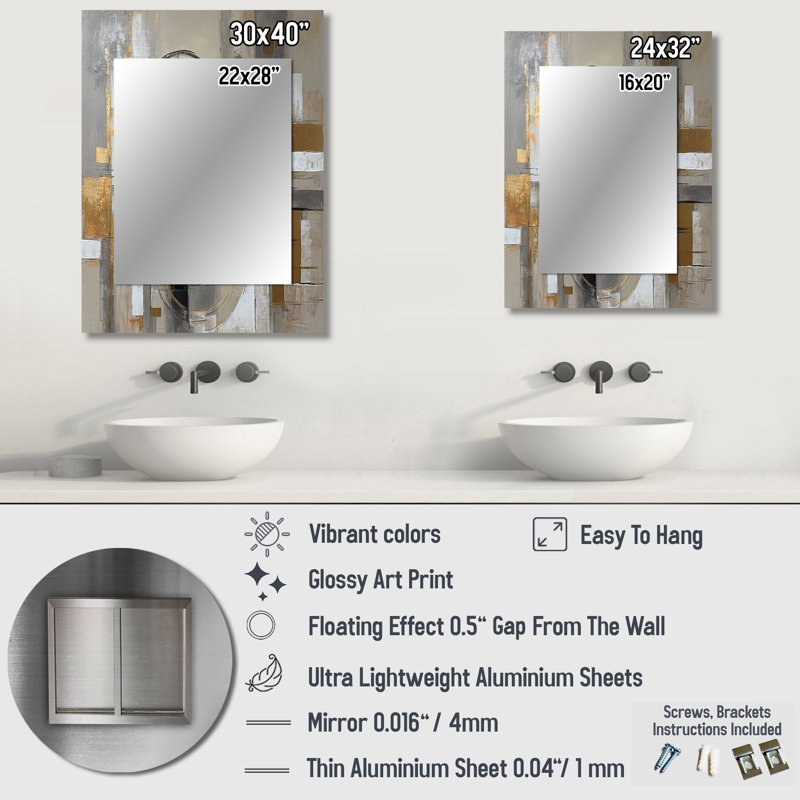 Or et gris Radical Simplicity I - miroir moderne Mid-Century, miroir mural doré unique, impression sur métal, 40 po x 30 po
