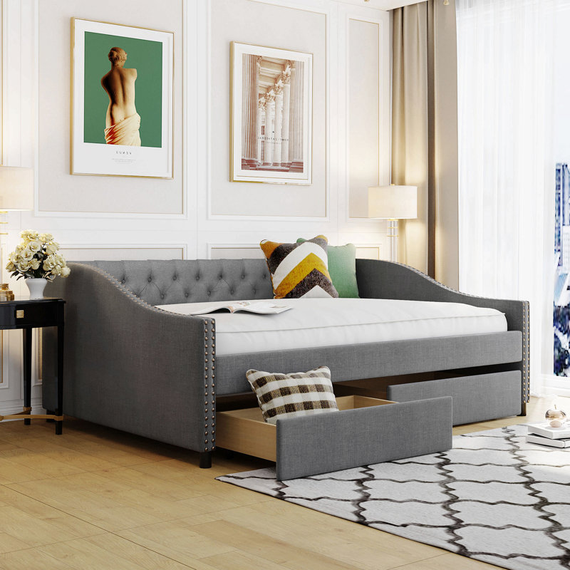 Lit de jour confortable avec deux tiroirs et fabrication robuste pour une utilisation polyvalente, Gris, Lit double