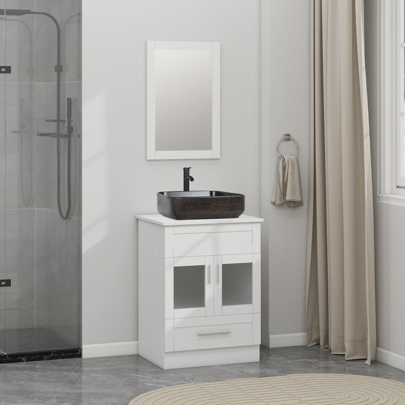 24 In. W X 18 In. D X 32-1/2 In. H Bath Vanity Cabinet In White With Mirror And Sink