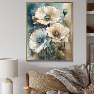 Fleurs de pavot bleu pâle et blanches sur toile