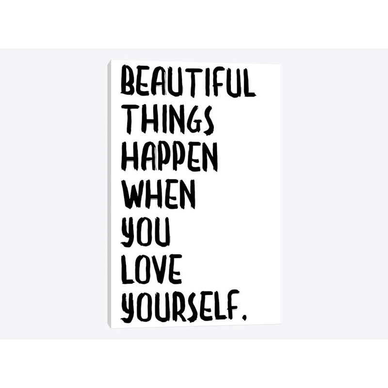 « belle things happens », art textuel sur toile, H 26 po x l 18 po x P 1,5 po