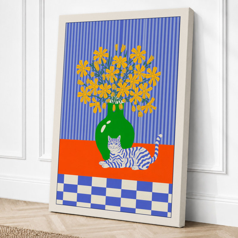 Flowers in Green Vase Boho 1 Piece Wrapped Canvas Wall Art, 30x20 - 76.2 x 50.8 cm, Cream Border