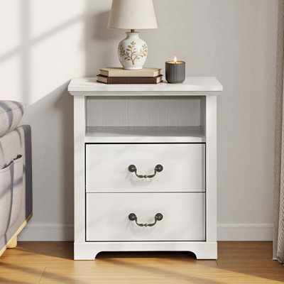 21.8" Farmhouse Nightstand Modern Bedside Table Storage Cabinet With 2 Drawers & Open Shelf Storage