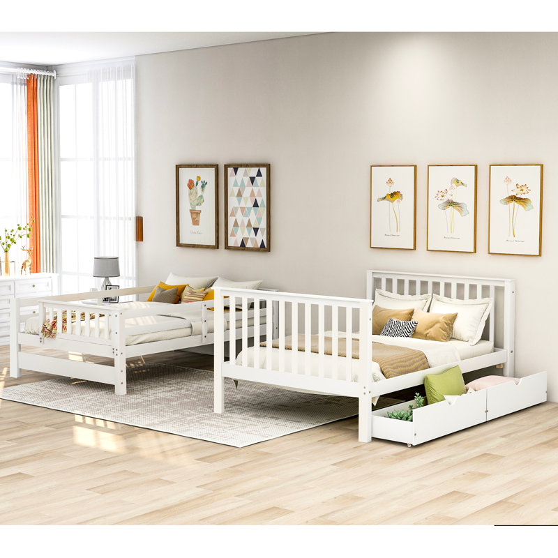 Full Over Bunk Bed In White, 6 Drawers And Shelves For Book Storage, Staircase With Divisible Design Space Organization Bed, White Finish, Efficient Utilization, Solid Safe Upper Exit