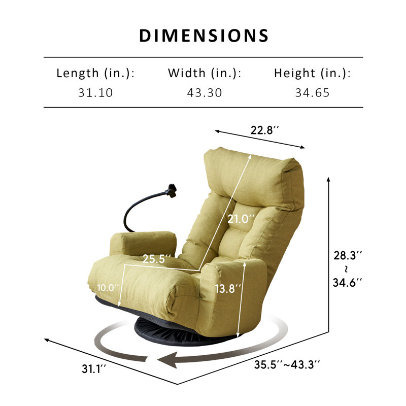 Lounge Chair With Adjustable Backrest And Headrest, 360° Rotatable With Mobile Phone Holder, Olive Green