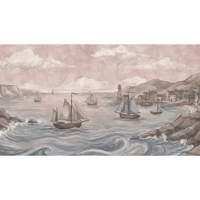 Papier peint phare côtier voiliers rétro, 140 po x 108 po, Non tissé non collé