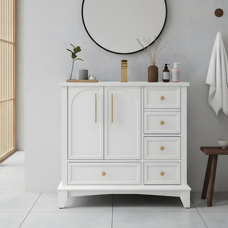 Lavabo de salle de bain autoportant avec rangement Mid-Century, Blanc