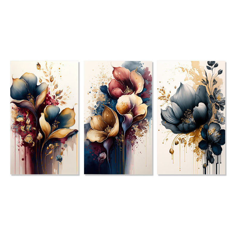 "Bouquet de lis bleu et bourgogne" - 3 pièces sur toile, H 32 po x l 48 po, Toile tendue