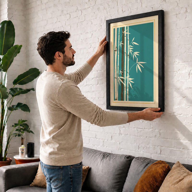 Bamboo in Teal Japandi - Framed Print, Unframed, A4 - 29.7 x 21.0 cm