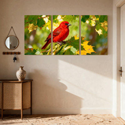 Oiseaux oiseaux rouges sur fond d'automne, ensemble de 3 impressions sur toile