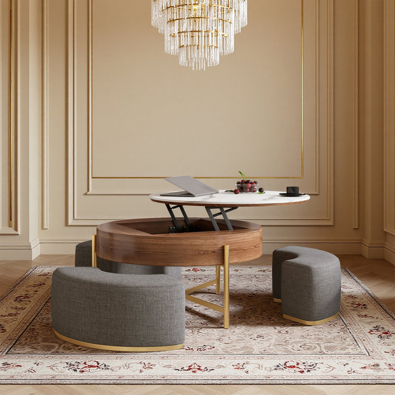 Modern Lift-Top Round Coffee Table With Hidden Storage, Walnut Veneer & Sintered Stone Top,3 Upholstered Nesting Ottomans, Space-Saving Design