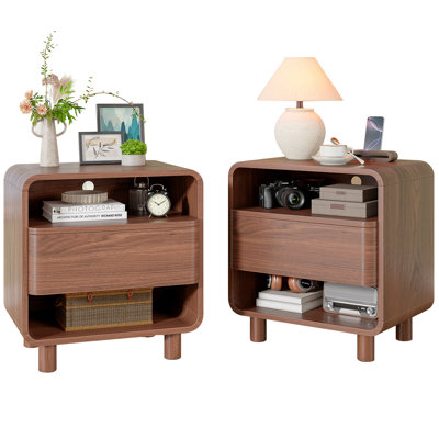 Modern Nightstand W/open Shelf Storage, Mid Century Night Stand Set Of 2, With Drawer, Curved Profile, Wood Bedside End Table For Bedroom, Walnut