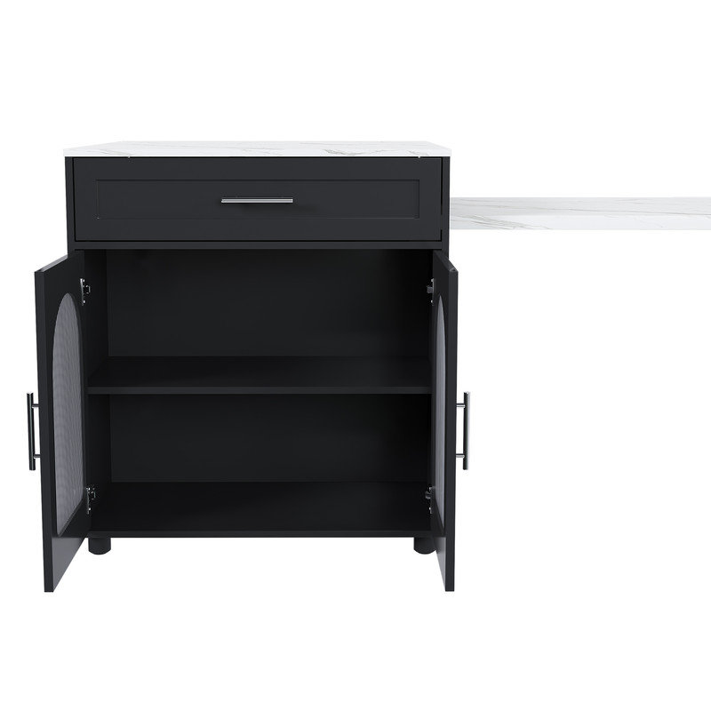 80-inch Expandable Kitchen Island with Dining Table, Countertop with Power Outlet, Mobile Storage Cart with Cabinet & 2 Drawers, Kitchen Prep Table (Black)