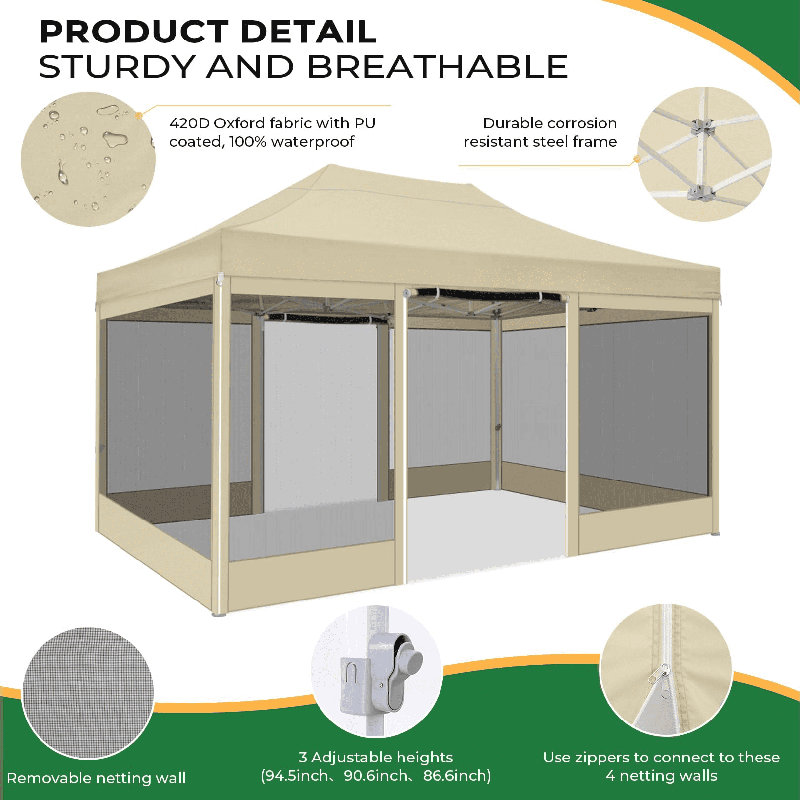 15 Ft. W x 10 Ft.DHeavy Duty Canopy Tent, Pop up Gazebo with Netting Screened, White