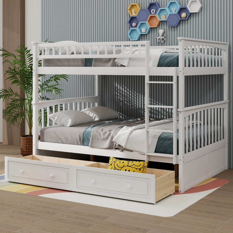 Lit superposé Kelmend avec tiroirs, lits convertibles, Full Over Full, White