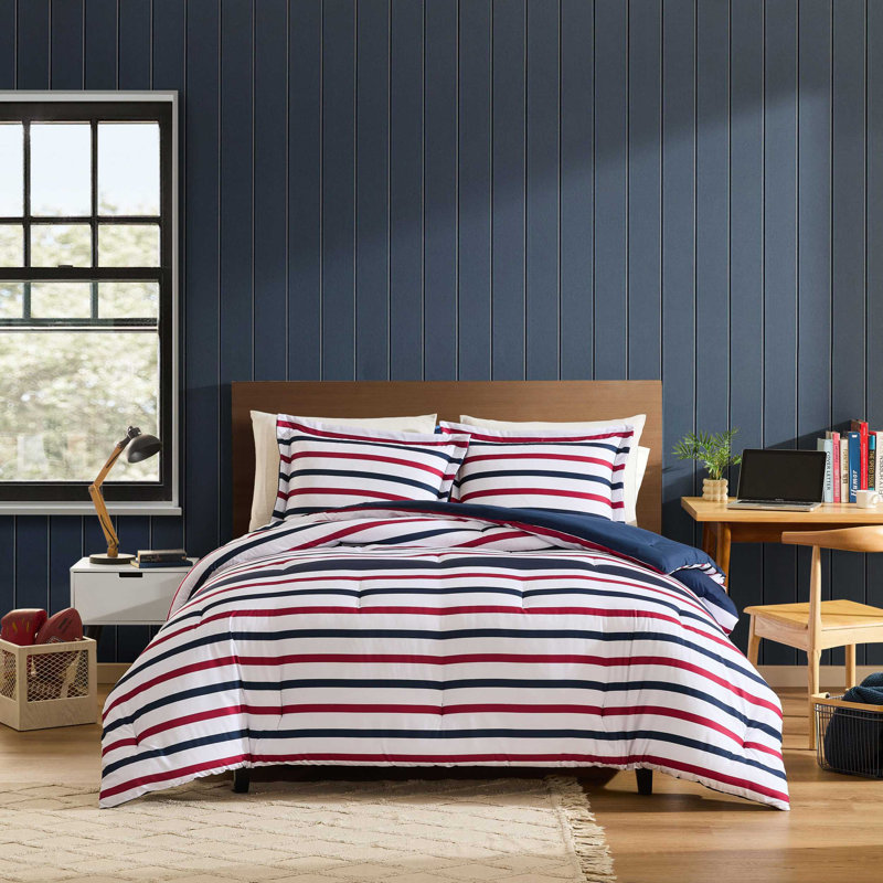 Ensemble d'édredon réversible bleu Nautica, Édredon pour lit simple TG + 1 taie décorative, Rayures bleue / rouge