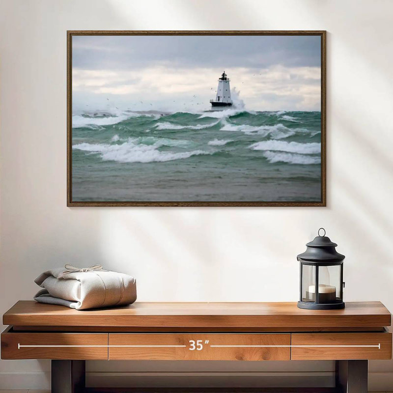 Phare tempête battue, 25 po x 17 po, Cadre flottant noyer