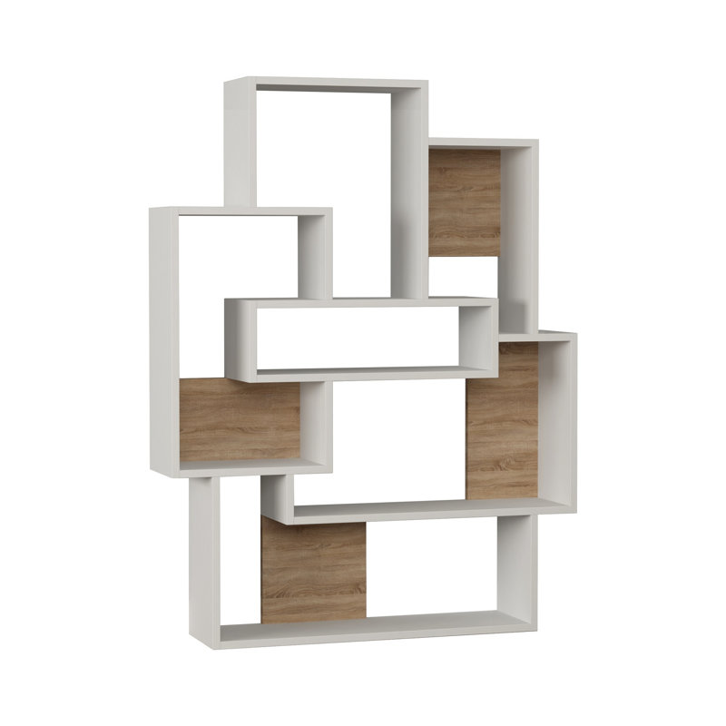 Bibliothèque moderne blanche et chêne avec de nombreuses tablettes, 39,8 x 52,0 x 8,7 pouces | 100% panneau de particules enduit de mélamine, épaisseur: 0,7 pouce | Support mural, capacité de tablette de 55,1 lb | Solution de rangement élégante pour la maison et le bureau