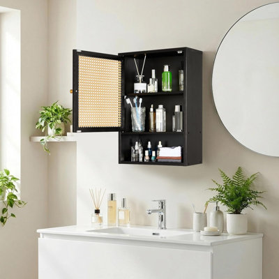 Rattan Bamboo Wall Storage Cabinet, Over-Toilet Adjustable Shelf Organizer, Bathroom Medicine Cabinet, Wall Mount Storage for Bathroom, Kitchen & Laundry Room