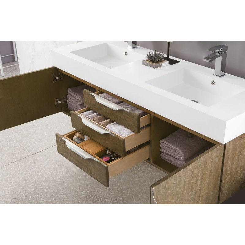 Mercer Island 60'' W Double Vanity, Radiant Gold, Glossy White, Latte Oak