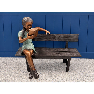 Sculptures & Beyond Girl Reading on Bench Cast Bronze Sculpture – Lost-Wax Bronze with Hand-Applied Patina – Heartwarming Children & Reading Decorative Art for Home, Garden, Library & Outdoor Décor – Lost in a Story – 39"H