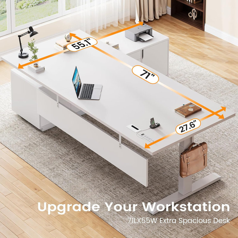 Executive L Shaped Electric Standing Desk, 71" X 55.1" Height Adjustable Executive Desk, White