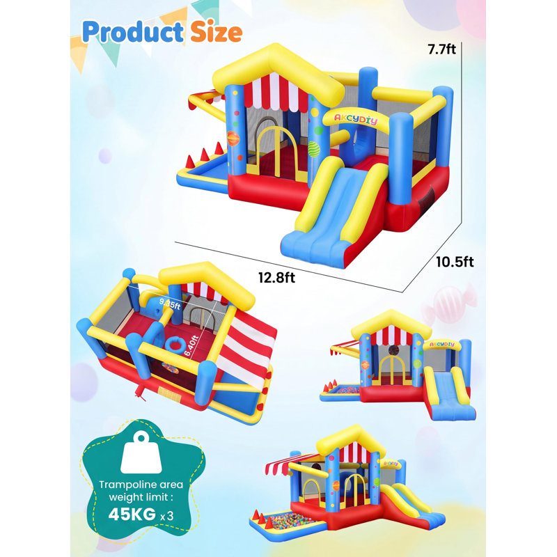 Jeu gonflable de saut d'obstacles avec obstacles, panier de basketball, piscine et auvent de balles, et château gonflable avec ventilateur