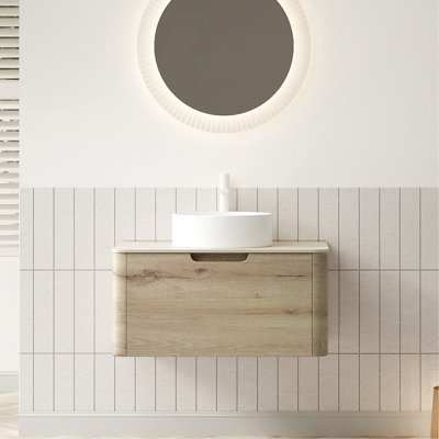 Meuble-lavabo mural de 30 po avec lavabo, meuble de rangement mural en contreplaqué avec tiroir, lavabo rond en céramique blanc et plateau en pierre frittée à motif, blanc pré-assemblé