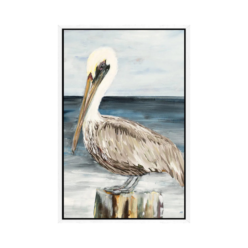 Muted Perched Pelican by Julie Derice - Painting on Canvas, White Framed, 101.6cm H x 66.04cm W x 3.81cm D